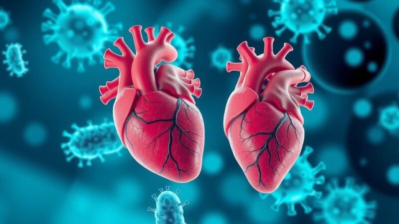 Ilustrasi biomarker jantung dalam penelitian kanker dengan latar belakang sains eksperimental.