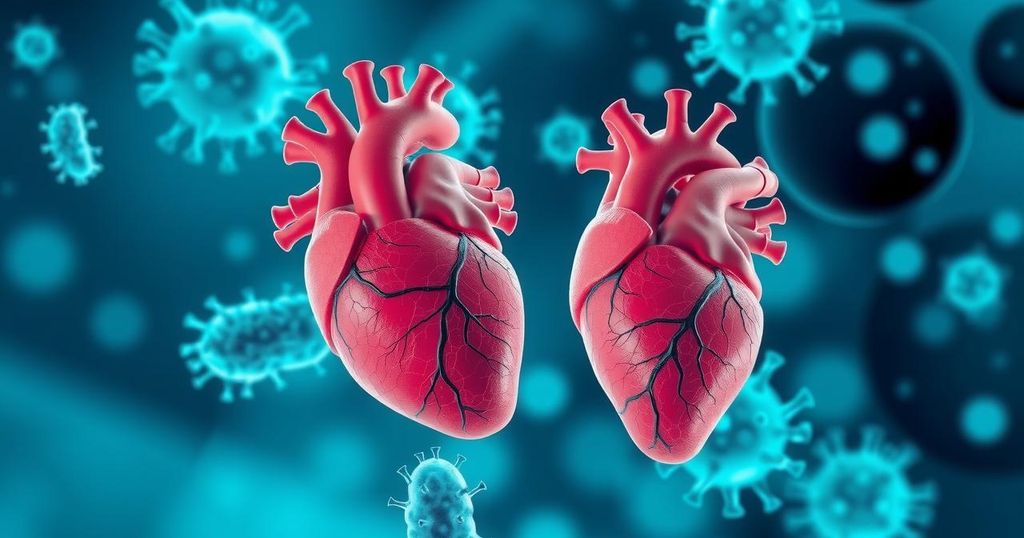 Ilustrasi biomarker jantung dalam penelitian kanker dengan latar belakang sains eksperimental.