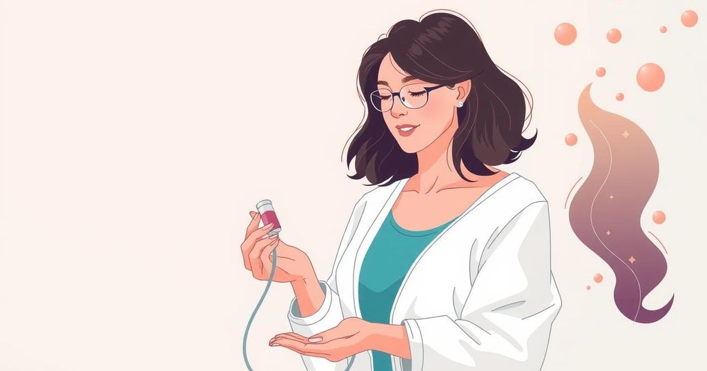 Ilustrasi pil menopause dengan latar belakang warna lembut, menyoroti tema kesihatan perempuan dan perkembangan medis.