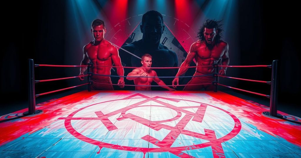 Rugged wrestling ring surrounded by vibrant legend-inspired colors, symbolizing resilience and strength after adversity.