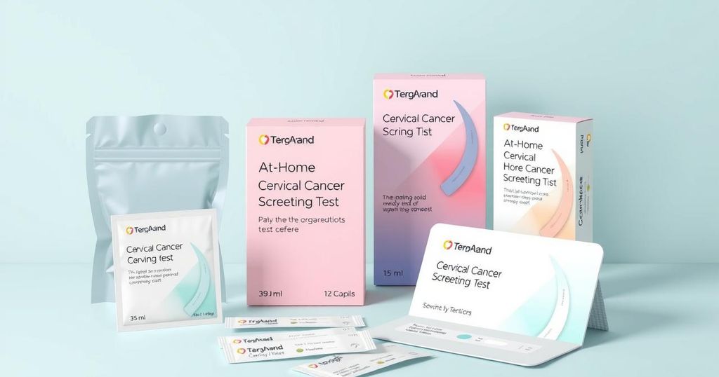 Set of at-home screening test kits with pastel colors in a modern, minimalist design, promoting health awareness.