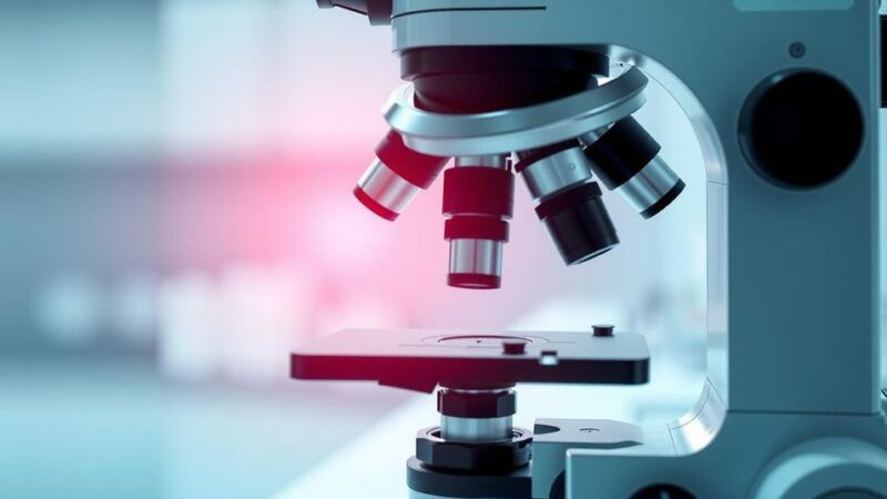 Mikroskop tinggi memusatkan perhatian pada sampel jaringan, menonjolkan pencapaian penelitian kanker di laboratorium.