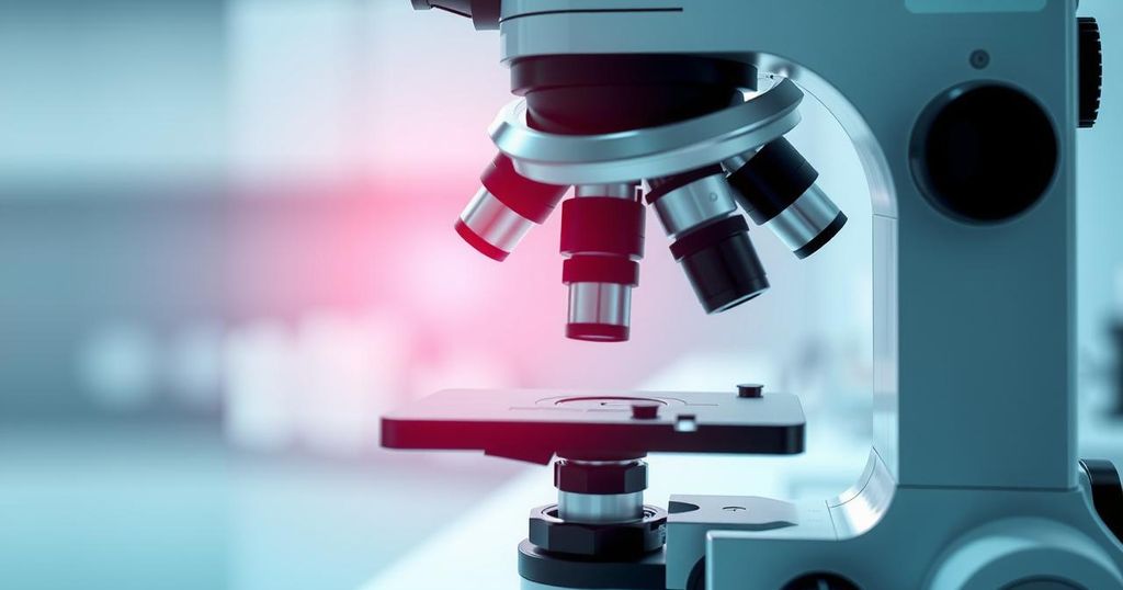 Mikroskop tinggi memusatkan perhatian pada sampel jaringan, menonjolkan pencapaian penelitian kanker di laboratorium.