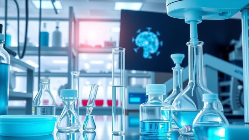Ilustrasi penelitian alat medis modern dan percobaan laboratorium untuk pengobatan kanker.