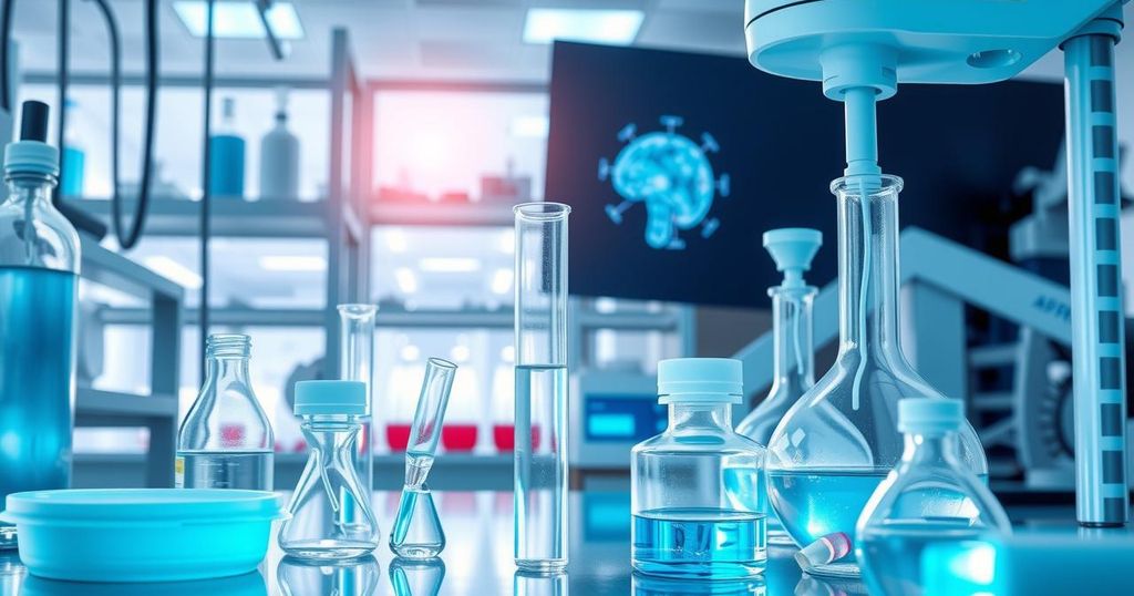 Ilustrasi penelitian alat medis modern dan percobaan laboratorium untuk pengobatan kanker.