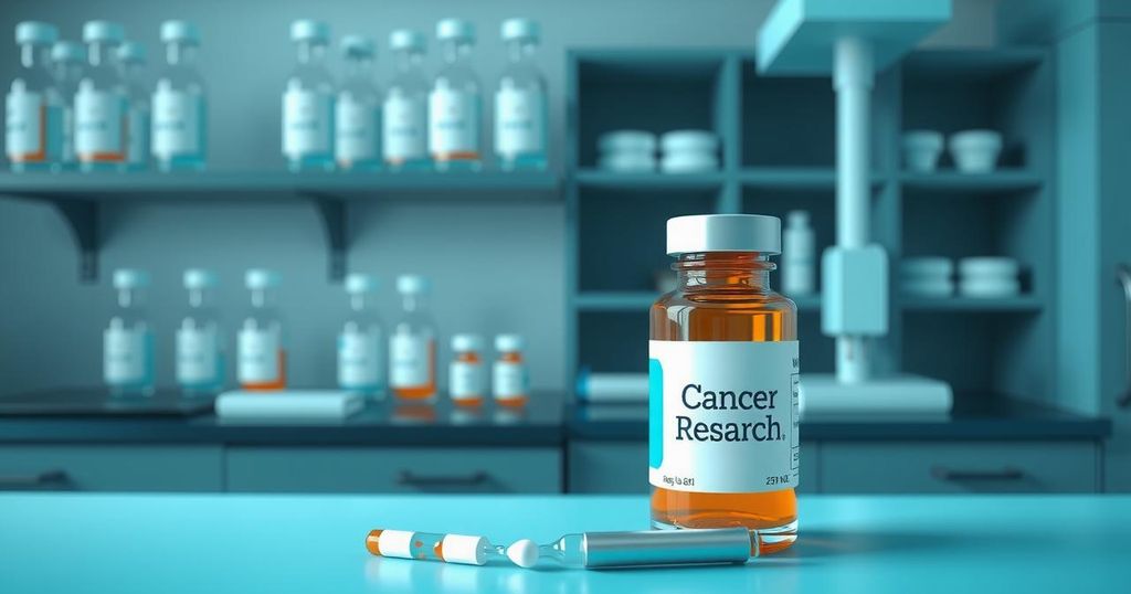 Gambaran dua botol obat di meja dengan latar belakang laboratorium, menandakan penelitian kanker.