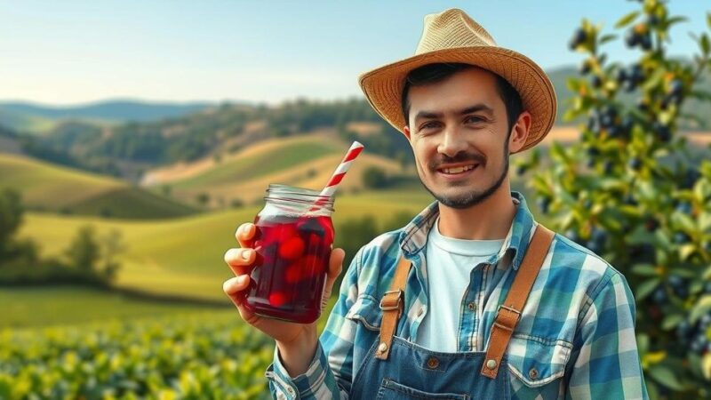 Seorang petani dengan aronia berry juice di latar belakang alami segar yang menenangkan.