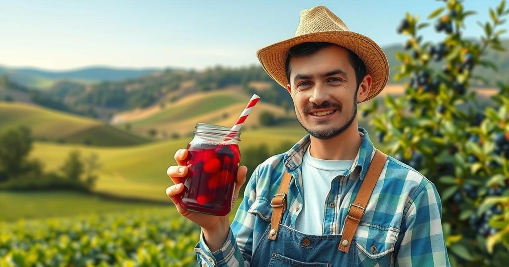 Seorang petani dengan aronia berry juice di latar belakang alami segar yang menenangkan.
