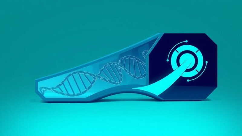 Siluet alat uji darah yang futuristik dengan DNA sirkulasi dalam desain warna biru dan hijau yang menenangkan.