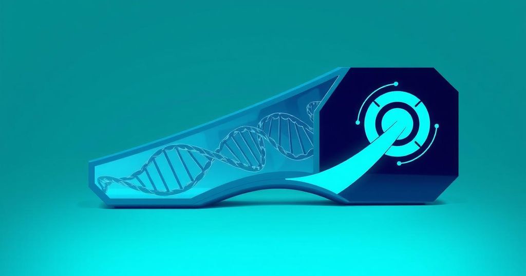 Siluet alat uji darah yang futuristik dengan DNA sirkulasi dalam desain warna biru dan hijau yang menenangkan.