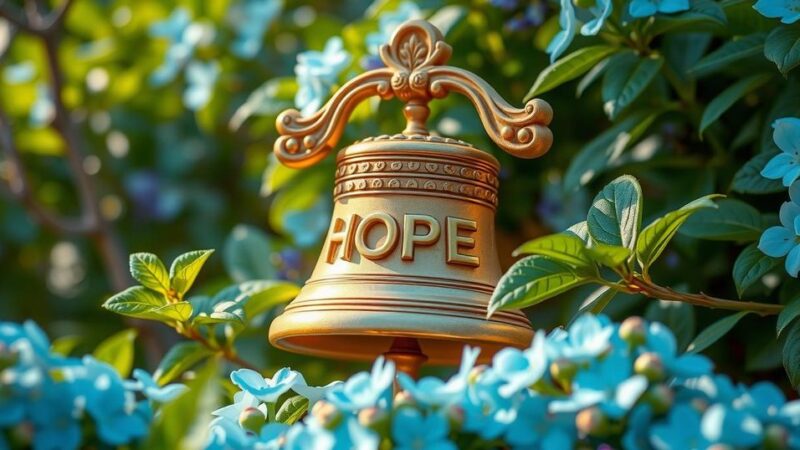 A cheerful golden bell symbolizes hope, surrounded by greens and soft blues, representing recovery in an uplifting setting.