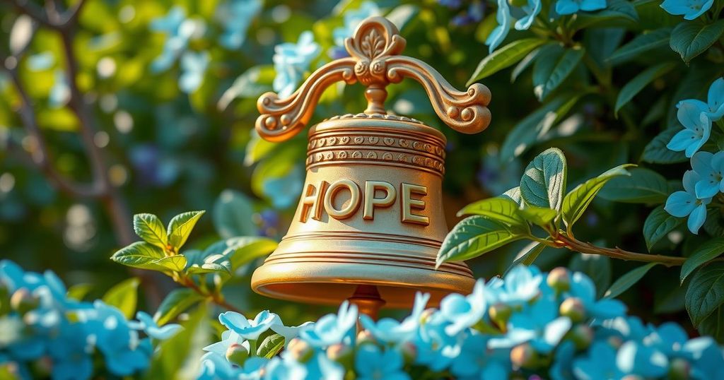 A cheerful golden bell symbolizes hope, surrounded by greens and soft blues, representing recovery in an uplifting setting.