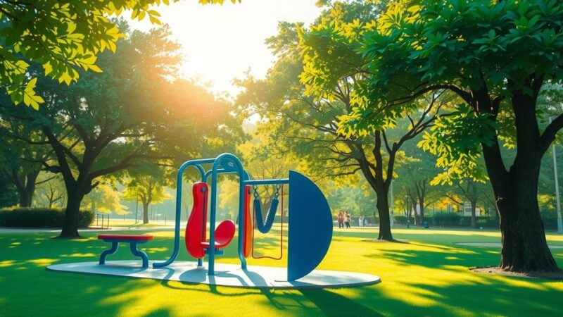 Siluet pusat kebugaran dengan alat olahraga di taman, pepohonan hijau, nuansa cerah, gaya impresionis.