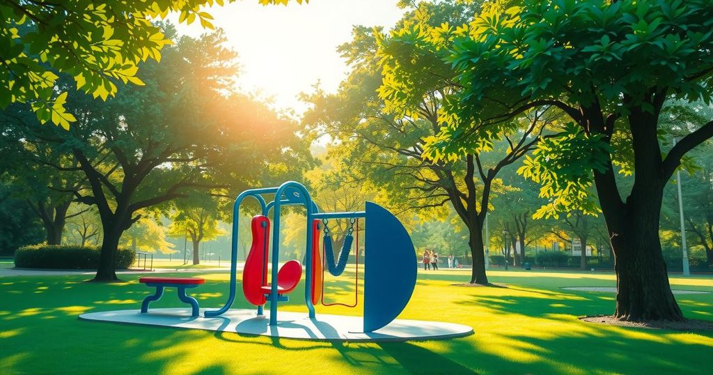 Siluet pusat kebugaran dengan alat olahraga di taman, pepohonan hijau, nuansa cerah, gaya impresionis.