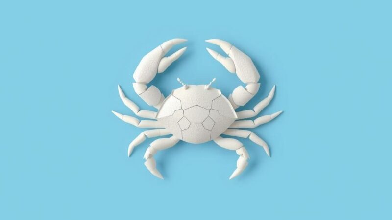 Simbol kepiting berwarna putih dengan latar belakang warna biru lembut, melambangkan zodiak Cancer.