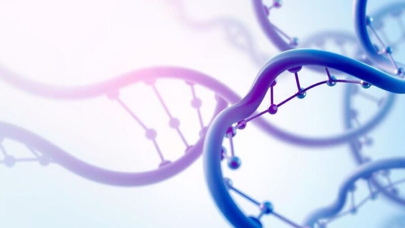 Grafis abstrak dengan warna biru dan ungu menampilkan elemen DNA yang berputar di atas latar belakang lembut.