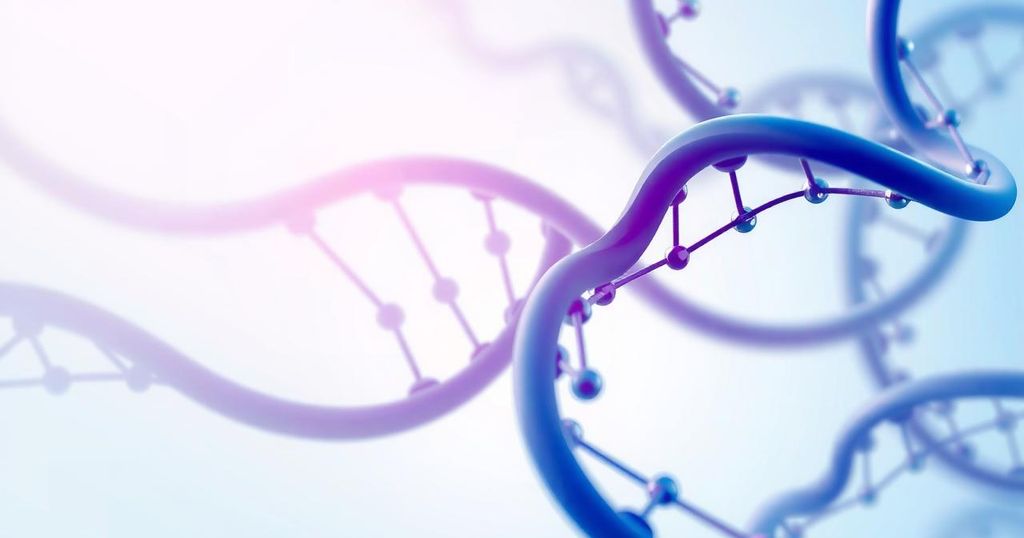 Grafis abstrak dengan warna biru dan ungu menampilkan elemen DNA yang berputar di atas latar belakang lembut.