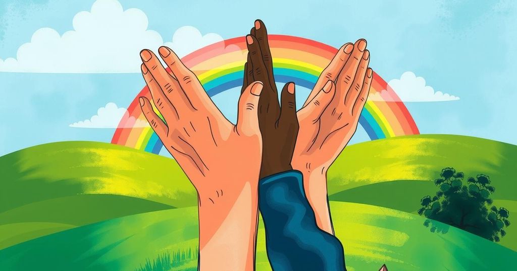 Ilustrasi penuh harapan dengan tangan saling mendukung, dilatarbelakangi pelangi cerah dan lanskap hijau.