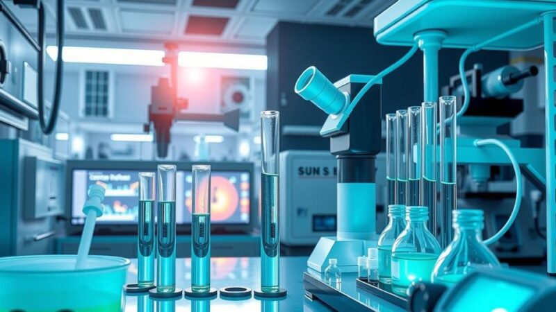 Sebuah laboratorium modern dengan peralatan canggih dan tabung reaksi berisi cairan, menampilkan penelitian inovatif.