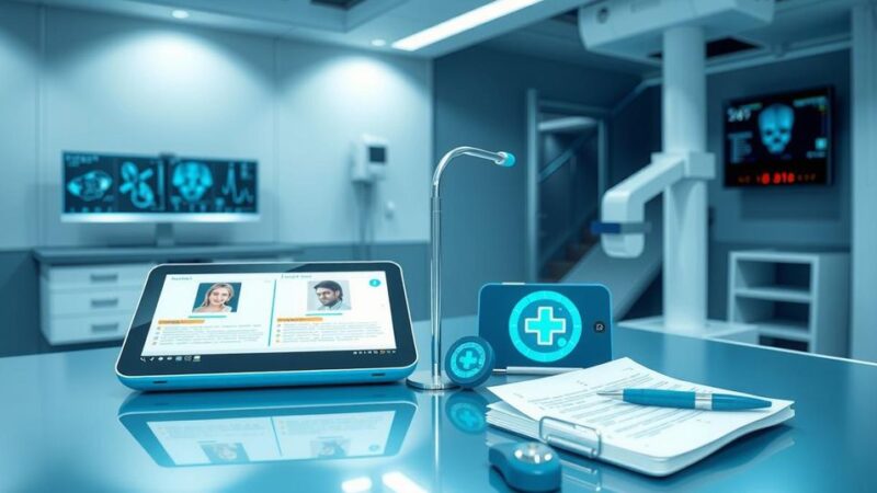 A digital health technology concept, showcasing medical gadgets, records, and diagnostic tools in a clinical setting.