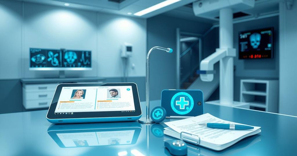 A digital health technology concept, showcasing medical gadgets, records, and diagnostic tools in a clinical setting.