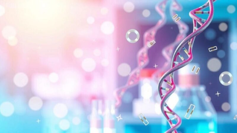 Ilustrasi penelitian kanker dengan latar belakang laboratorium, DNA, dan grafik bulatan berwarna.