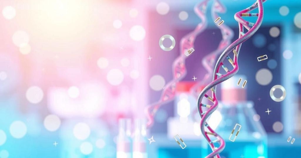 Ilustrasi penelitian kanker dengan latar belakang laboratorium, DNA, dan grafik bulatan berwarna.