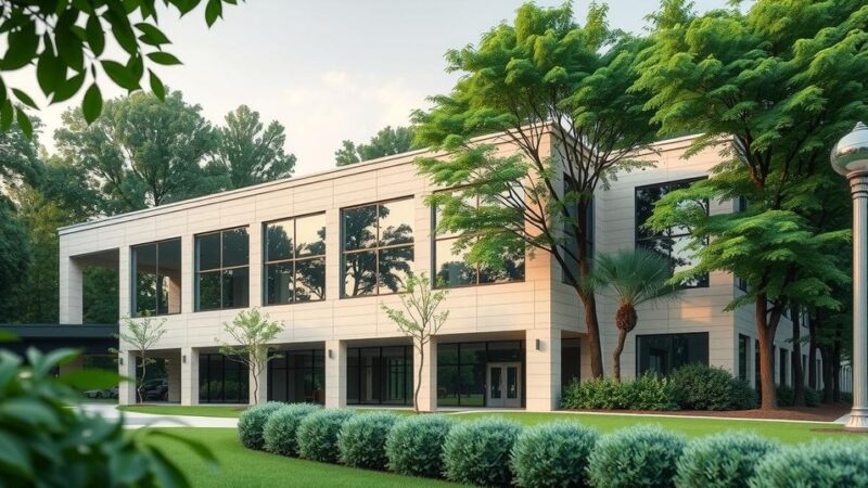 Pusat perawatan kanker baru di Atascadero dengan latar belakang alami dan nuansa warna lembut.