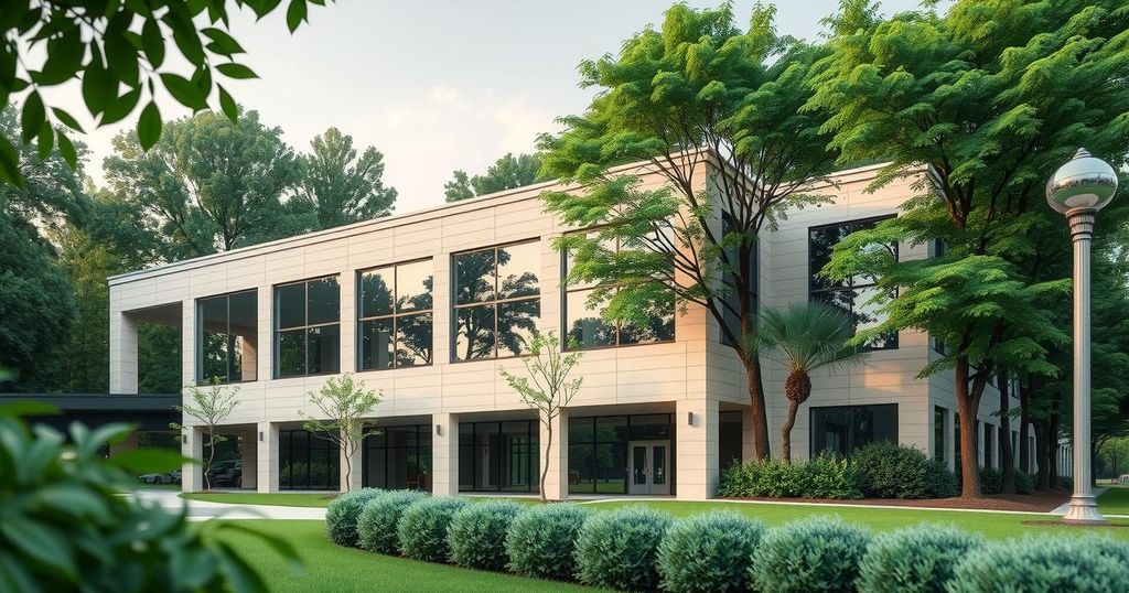Pusat perawatan kanker baru di Atascadero dengan latar belakang alami dan nuansa warna lembut.