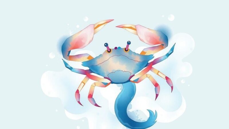 Ilustrasi zodiak Cancer dengan simbol kepiting, nuansa warna putih dengan elemen air yang tenang.