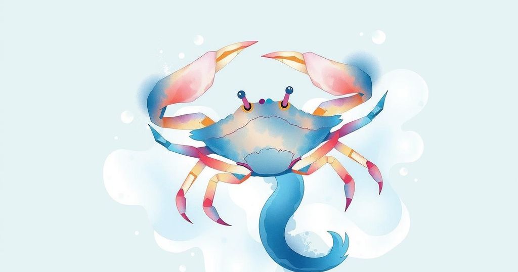 Ilustrasi zodiak Cancer dengan simbol kepiting, nuansa warna putih dengan elemen air yang tenang.