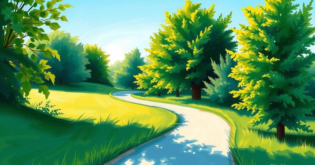 Landschaft dengan jalan setapak, dikelilingi pepohonan hijau dan langit biru yang cerah, menyiratkan aktivitas berjalan.