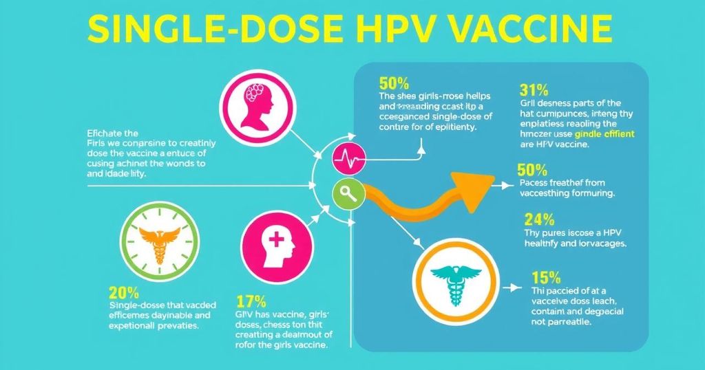 Vaksin HPV dosis tunggal untuk mencegah kanker, visualisasi dengan desain modern dan palet warna cerah