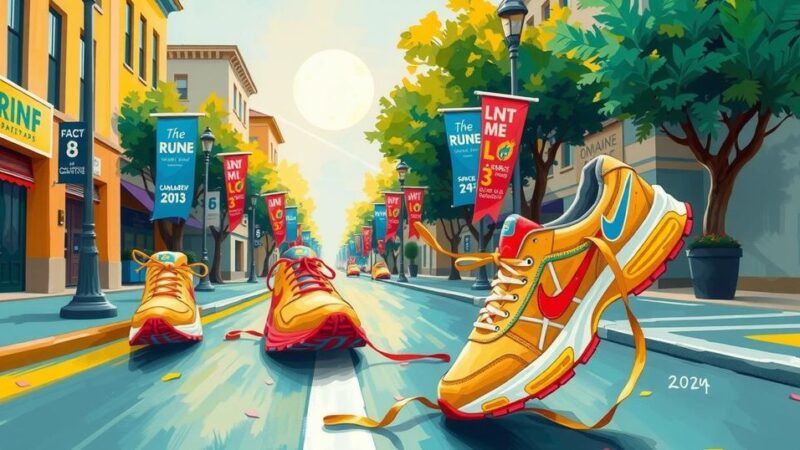 Pelangi pemandangan jalanan dengan sepatu lari dan sepanduk acara amal, menunjukkan dukungan komunitas.