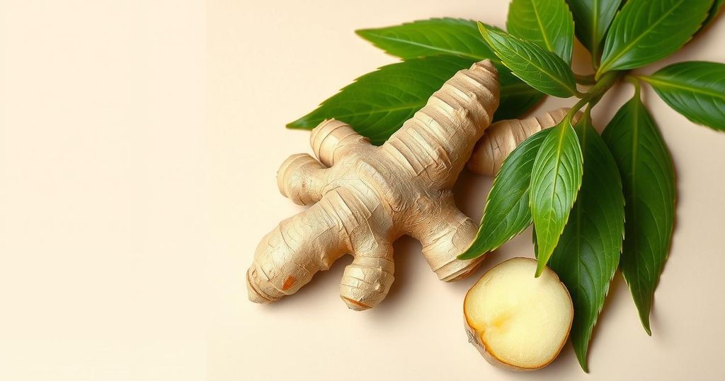 Ginger root with green leaves on a light background, highlighting its natural properties and health benefits.