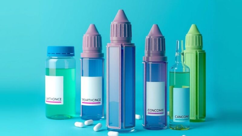 Skyscraper-shaped medicine bottles with vibrant colors, symbolizing innovative cancer treatment advancements.