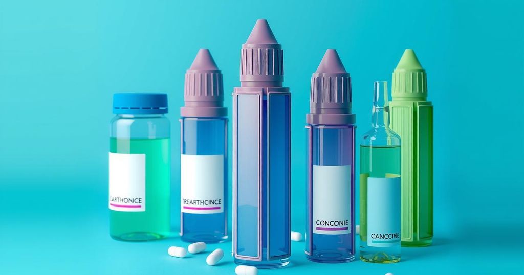 Skyscraper-shaped medicine bottles with vibrant colors, symbolizing innovative cancer treatment advancements.