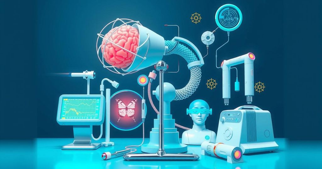 Gambaran ilustratif AI dalam pengobatan kanker, menunjukkan teknologi medis modern, dengan palet warna biru dan hijau.