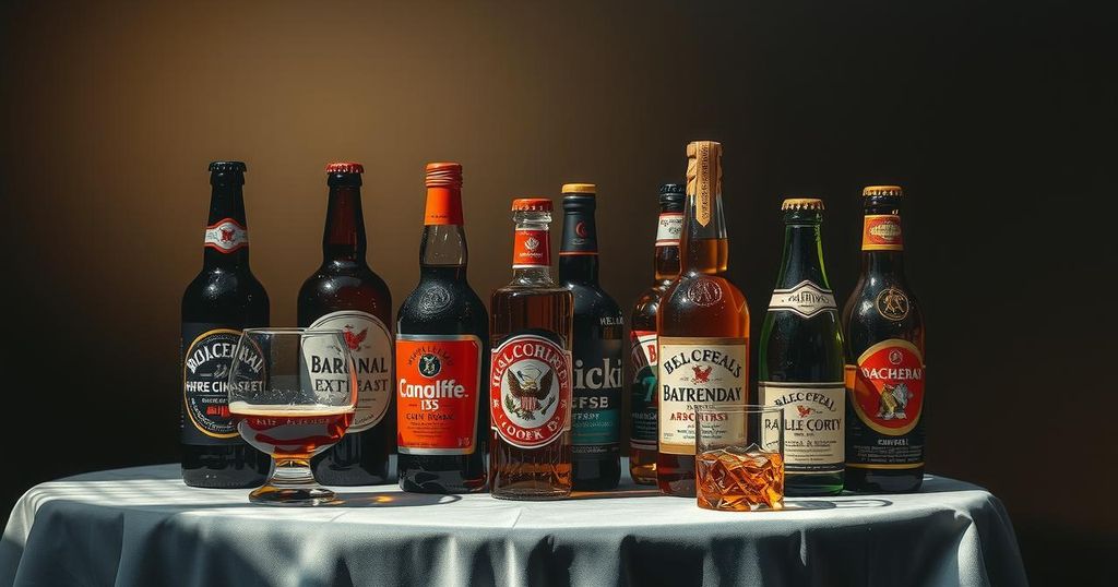 Grafis minuman beralkohol dengan latar belakang ruangan yang sepi, menekankan risiko konsumsi alkohol.