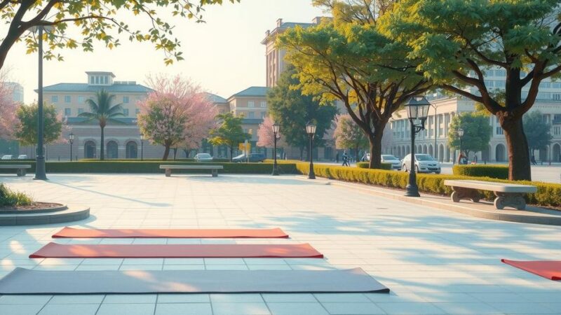 Kegiatan yoga tradisional di taman, menggambarkan ekspresi damai dan kebugaran bagi kelompok lanjut usia.