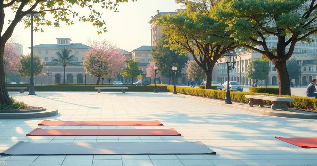 Kegiatan yoga tradisional di taman, menggambarkan ekspresi damai dan kebugaran bagi kelompok lanjut usia.