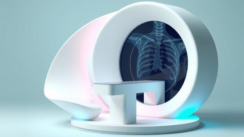 Sculptural representation of a breast health technology, showcasing deep learning tools in a clinical setting.