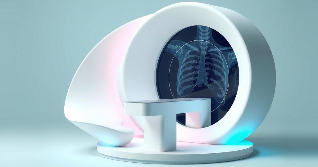 Sculptural representation of a breast health technology, showcasing deep learning tools in a clinical setting.