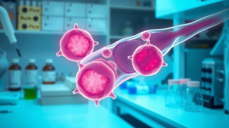 Ilustrasi laboratorium penelitian biologi sel, fokus pada sel epitel saluran tuba falopi dengan corak warna biru dan hijau.