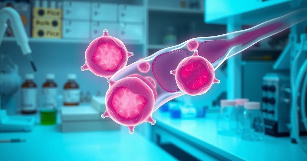 Ilustrasi laboratorium penelitian biologi sel, fokus pada sel epitel saluran tuba falopi dengan corak warna biru dan hijau.