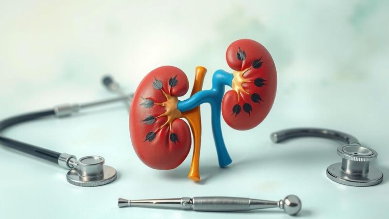 Illustrasi saat Hari Kanker Ginjal, menampilkan ginjal sehat dan alat medis di latar belakang.