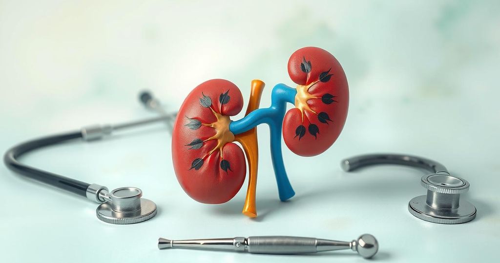 Illustrasi saat Hari Kanker Ginjal, menampilkan ginjal sehat dan alat medis di latar belakang.