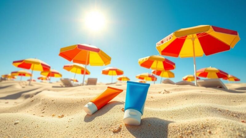 Pemandangan pantai cerah dengan sinar matahari, payung warna-warni dan tabir surya di pasir