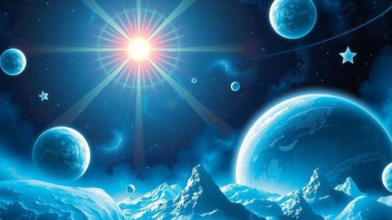 Lanskap luar angkasa dengan planet, bintang, dan sinar cahaya yang menggambarkan inovasi dan harapan.