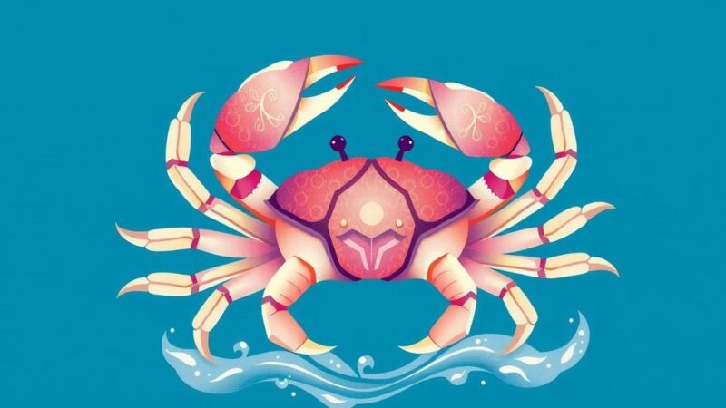 Illustrasi zodiak Cancer dengan elemen air dan simbol kepiting, warna putih mendominasi, menyoroti cinta dan keberhasilan finansial.